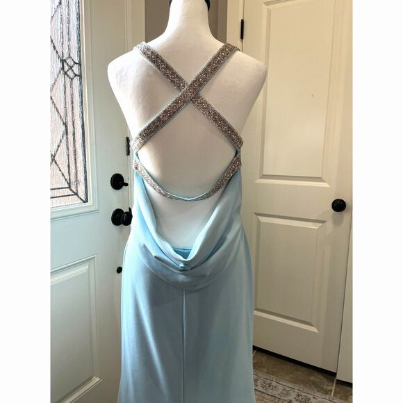 Betsy & Adam Crystal Crossed Strap Cowl Back Gown Sz 12 - Picture 5 of 15